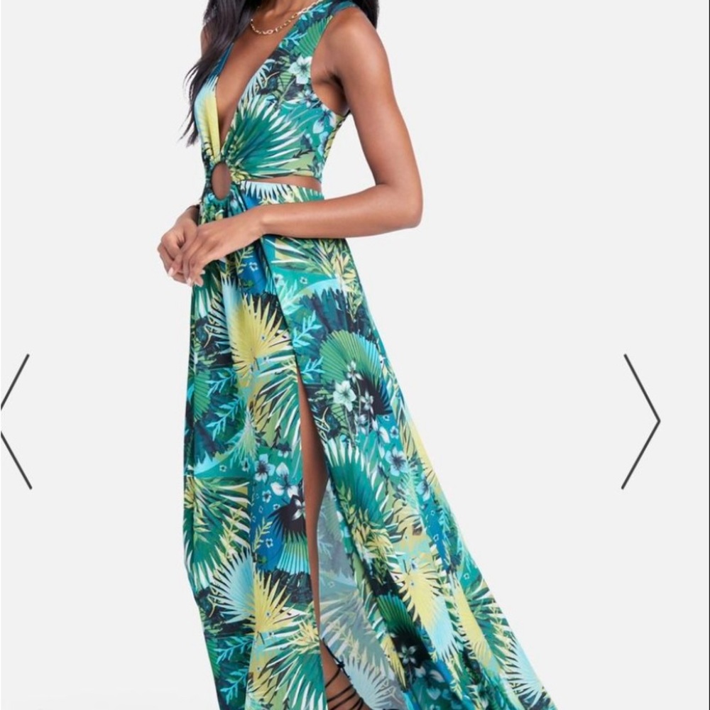 Green Floral Bebe Cut Out Dress - XL